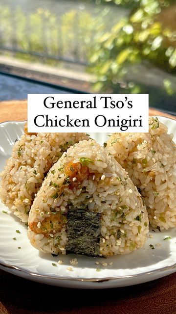 InnovAsian Cuisine on Instagram: "General Tso is conquering your hunger with these spicy and delicious chicken onigiri, courtesy of @hellooo.steph   RECIPE 1 box InnovAsian General Tso’s Chicken 1 box InnovAsian Sticky White Rice 1 Nori sheet (dried seaweed), cut into small strips 2 tbsp Furikake seasoning  INSTRUCTIONS Prepare InnovAsian General Tso’s Chicken and Sticky White Rice according to package instructions. Add cooked Sticky White Rice, furikake, General Tso’s Chicken and sauce into a large bowl. Mix and fold gently to avoid breaking the rice grains. Using your hands or an onigiri mold, shape rice mixture into 6 onigiri. Wrap with nori strips, top with additional furikake, and enjoy!  #chickenonigiri #onigiri #generaltsoschicken #stickyrice #rice #easyrecipes #cookingasmr" Pork Onigiri Recipe, Onigiri Chicken, Fried Chicken Onigiri, Fried Rice Onigiri, Easy Onigiri Filling, Chicken Onigiri Filling, Vegetarian Onigiri Filling, Onigiri Filling, Onigiri Recipe