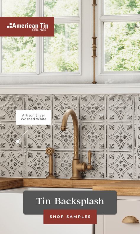 Elevate farmhouse kitchen design with tin tiles Rustic Kitchen Tile Backsplash, Vintage Tile Kitchen Backsplash, Painted Tin Backsplash Kitchen, Modern Rustic Kitchen Design Ideas, Tin Backsplash Kitchen Farmhouse, Farmhouse Kitchen Ceiling Ideas, Kitchen With Tin Backsplash, Farmhouse Backsplashes, Vintage Backsplash Kitchen