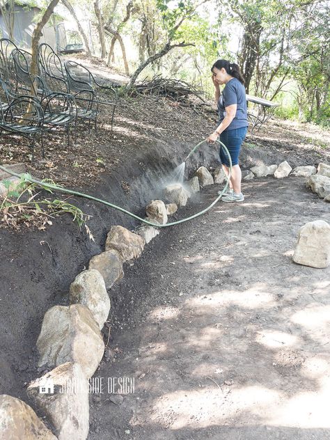 How to Build a Simple Stone Retaining Wall for Free | Sunny Side Design Retaining Wall Pond Ideas, Sloped Lot Landscaping, How To Build A Rock Retaining Wall, Retaining Wall Side Of House, Build Rock Wall, Small Sloped Yard Ideas, Waterfall Retaining Wall, Simple Hillside Landscaping Ideas, Hill In Backyard Ideas