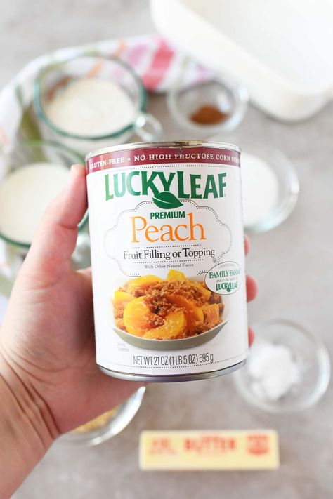 Easy Peach Cobbler Recipe (Using Peach Pie Filling) - Sizzling Eats Recipe With Peach Pie Filling, Peach Crisp With Pie Filling, Lucky Leaf Peach Pie Filling Recipes, Canned Peach Pie Filling Desserts, Lucky Leaf Peach Cobbler Recipe, Dessert Using Peach Pie Filling, Lazy Cobbler Recipe, What To Make With Peach Pie Filling, Peach Cobbler With Peach Pie Filling