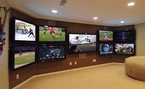 Here's a tv setup for watching sports Man Cave Tv Wall, Basement Kitchenette, Tampa Homes, Ultimate Man Cave, Man Cave Room, Man Cave Basement, Man Cave Wall, Man Cave Home Bar, Home Theater Rooms