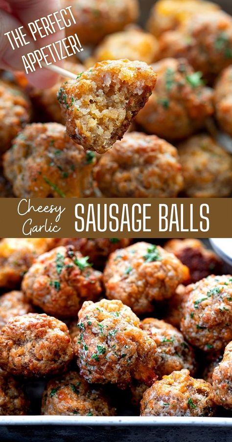 Two images. Top image is a close-up image of a sausage ball with a bite taken out of it; bottom image is a tray filled with sausage balls. Sausage Balls Recipe, Christmas Recipes Easy, Cheese Baked, Sausage Balls, Finger Foods Easy, Bread Snacks, Holiday Side Dishes, Easy Homemade Recipes, How To Cook Sausage