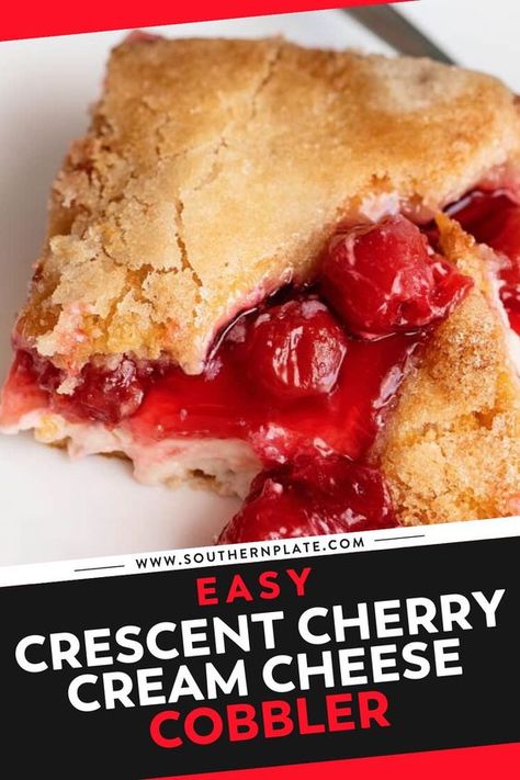 Indulge in this easy and delicious crescent cherry cheese cobbler. A perfect dessert for any time! Crescent Roll Pies, Cream Cheese Cobbler, Crescent Roll Bake, Strawberry Cobbler Recipes, Cherry Cream Cheese, Cobbler Recipes Easy, Plate Recipes, Cobbler Easy, Chocolate Cobbler