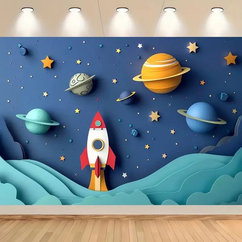 Cartoon Spaceship, Pc Decoration, Space Party Decorations, Themed Photography, Space Theme Party, Birthday Party Background, Kids Deco, Space Photography, Wall Painting Decor