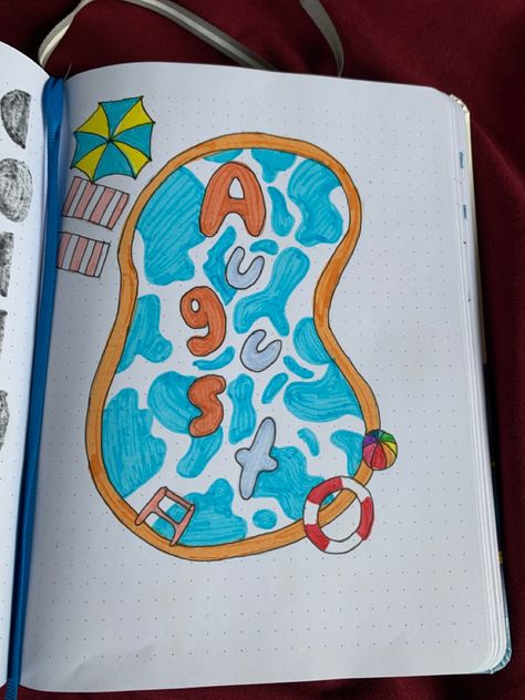 Bullet journal, August bullet journal, pool bullet journal, summer bullet journal, pool art, summer art Pool Bullet Journal, Bullet Journal Summer, Summer Bullet Journal, Journal Essentials, August Bullet Journal Cover, August Bullet Journal, Bullet Journal Essentials, Journal August, Bullet Journal August