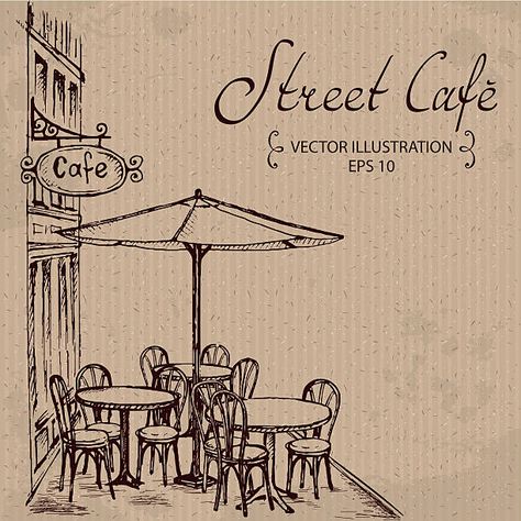 Paris Street Cafe, French Illustration, Coffee Artwork, Paris Illustration, Street Cafe, French Street, Cafe Art, Shop Illustration, France Drawing