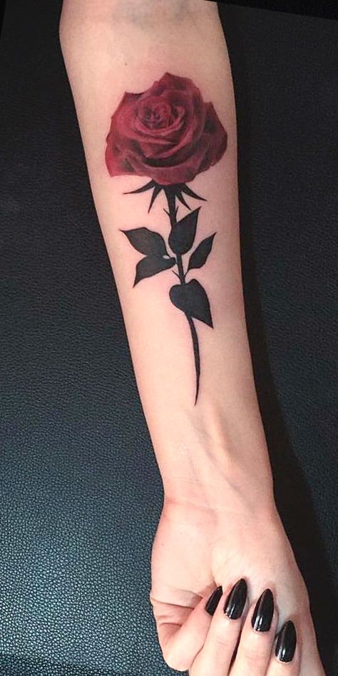 Single Red Rose Forearm Tattoo Ideas for Women - Flower Floral Wrist Arm Tat -  ideas únicas de tatuaje de antebrazo rosa -  www.MyBodiArt.com Single Rose Tattoos, Rose Tattoo Forearm, Rose Tattoo On Arm, Rose Tattoos For Women, Small Rose Tattoo, Red Rose Tattoo, Forearm Tattoo Women, Small Wrist Tattoos, Red Tattoos