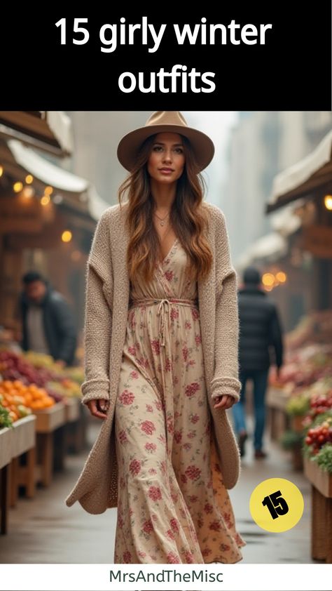 girly winter outfits Flowy Winter Outfit, Cold Weather Boho Outfits, Winter Outfits Boho Chic, Boho Winter Outfits Bohemian, Cozy Winter Aesthetic Outfits, Winter Boho Outfits Cold, Maxi Dress Winter Outfit, Winter Hippie Outfits Boho, Boho Style Outfits Winter