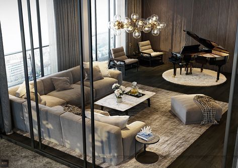 Piano Modern Living Room, Grand Piano Living Room Modern, Piano At Home Interior Design, Piano Lounge Interior Design, Grand Piano Interior Design, Luxury Piano Room, Piano In Modern Living Room, Piano Lounge Room, Piano Room Luxury