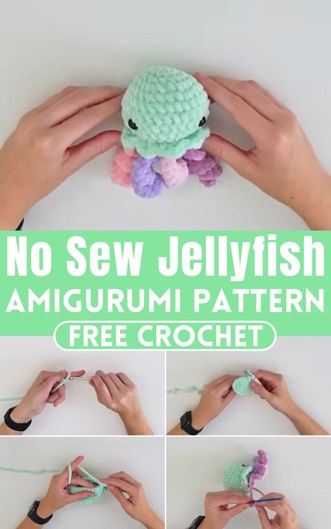 Crochet No Sew Jellyfish Amigurumi Pattern How To Crochet A Jellyfish For Beginners, No See Crochet Amigurumi, No Sew Crochet Patterns Free, No Sew Amigurumi Free Pattern, No Sew Crochet Amigurumi, Crochet Jellyfish Pattern, Diy Jellyfish Decoration, Crochet No Sew, Jellyfish Crochet Pattern