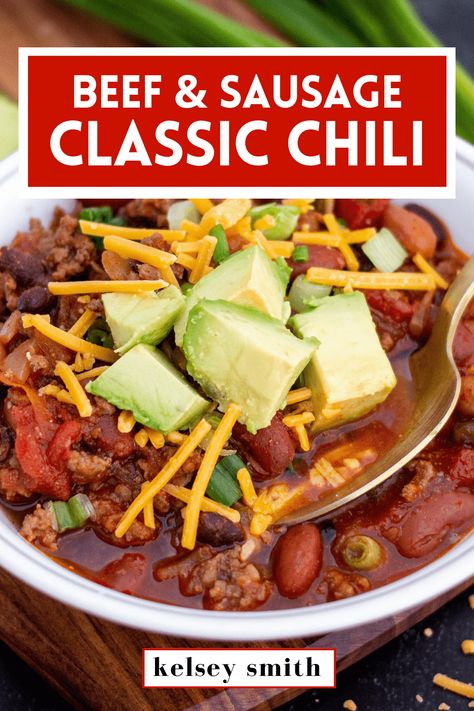 Chili Recipe With Beef And Sausage, Crockpot Chili With Sausage, Chili With Pork Sausage, Chili Sausage Recipe, Chili Beans With Sausage, Chilli With Sausage And Ground Beef, Sausage Chilli Recipes, Chili Sausage And Beef, Chili With Ground Pork And Beef