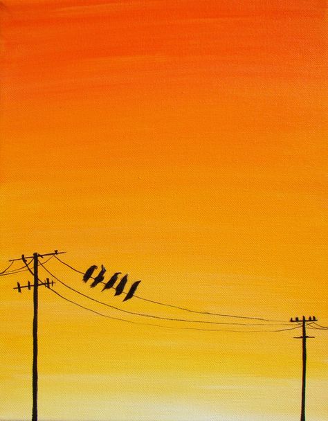 Bird On Telephone Wire, Birds On A Line Painting, Sunset Telephone Wires Painting, Sunset Power Lines Painting, Bird On A Wire Painting, Birds On Wire Drawing, Birds On The Wire, Simple Bird Painting Acrylics, Painting Birds Simple