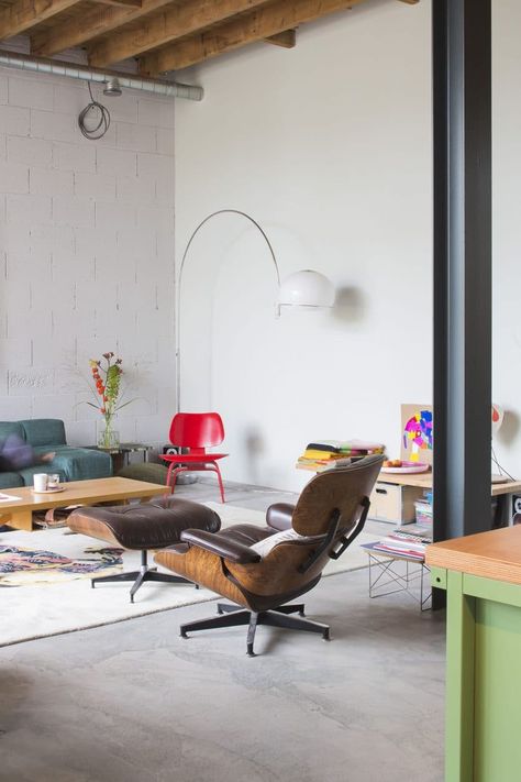 Living Room Mini Update: Can I Handle Bright Red in My House? An Analysis (& the Answer) - Emily Henderson Urban Industrial Decor, Loft Designs, Living Colors, White Brick, Eames Lounge Chair, Interior Inspo, Living Room Inspiration, Interior Design Inspiration, 인테리어 디자인