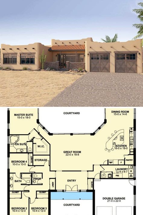 Horseshoe House Layout, Desert Floor Plans, Adobe Floor Plans, Southwest Style House Plans, Southwest Home Plans, Modern Desert House Plans, Adobe House Floor Plans, Southwest Floor Plans, Pueblo Style Homes Floor Plans