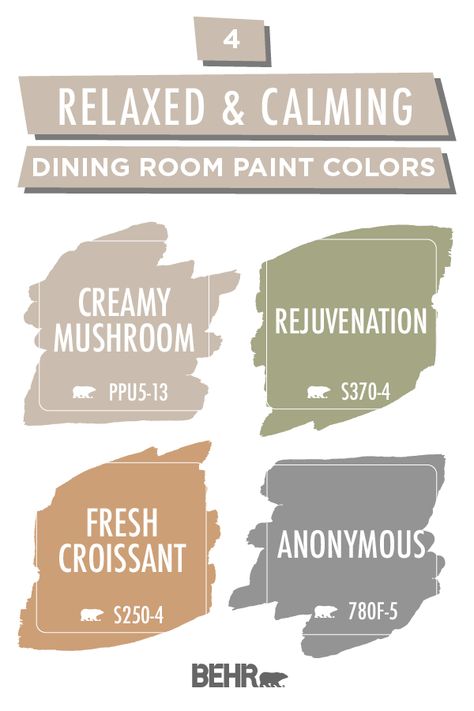 Your dining room should be a space where your family can come together and relax. Let Behr Paint help with these relaxed and calming colors. Shades of brown, gray, orange, and green come together to create this soothing color palette. Click below to learn more. Creamy Mushroom Color Palette, Calm Dining Room, Behr Paint Colors Dining Room, Living Room Paint Color Ideas Behr, Dining Room Wall Colors Colour Palettes, Dining Room Color Scheme Ideas, Orange Dining Room, Dining Room Colour Schemes, Family Room Paint