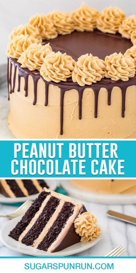 Peanut Butter Chocolate Cake - Sugar Spun Run Peanut Butter Chocolate Cake, Butter Chocolate Cake, Specialty Desserts, Chocolate Ganache Drip, Peanut Butter Frosting Recipe, Sugar Spun Run, Ganache Drip, Peanut Butter Icing, Chocolate Peanut Butter Recipes