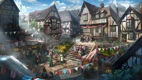 The Festival of the Middle Ages, taehoon kang on ArtStation at https://www.artstation.com/artwork/vB2gA Evelynn League Of Legends, Village Festival, Fantasy Village, Medieval Festival, Festival Aesthetic, Fantasy Town, Location Inspiration, Fantasy House, Fantasy City