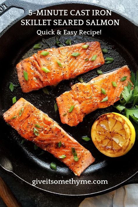 Caramelized seared salmon fillets cooked in a cast iron skillet. Cast Iron Salmon, Shrimp Quesadilla, Quick Salmon, Recipes Fish, Thyme Recipes, Lent Recipes, Iron Skillet Recipes, Seafood Recipe, Seafood Recipes Healthy