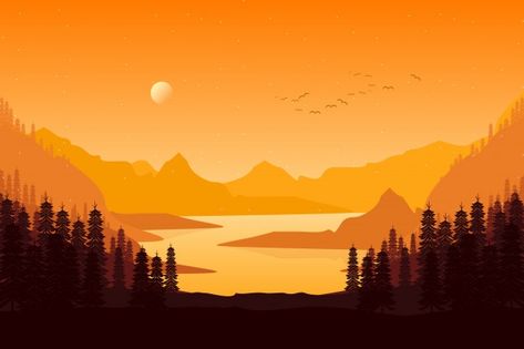 Pine forest landscape in evening sunset ... | Premium Vector #Freepik #vector #tree #travel #wood #star Poster Silhouette, Travel Wood, Kids Room Wall Murals, Sky Illustration, Drawing Help, Mountain Sky, Sunrise Landscape, Evening Sunset, Snow Covered Trees