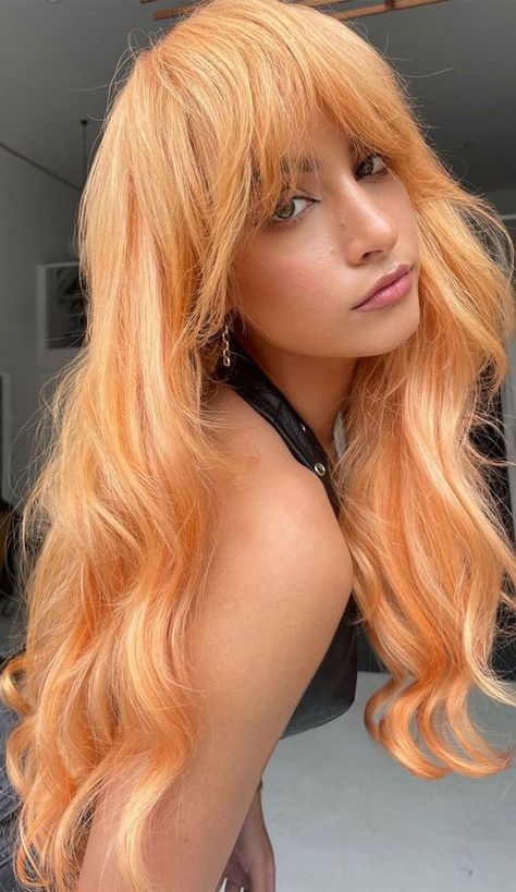 Coloured Hair Pastel, Pastel Orange Hair Peach, Peach And Copper Hair, Peach Hair With Dark Roots, Peach Colour Hair, Light Peach Hair Color, Bright Peach Hair, Peach Hair Colour, Soft Peach Hair