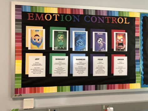 Emotions Control Bulletin Board: Inside Out Emotion Bulletin Board Ideas, Reset Rooms For School, Feelings Bulletin Board Ideas, Things In My Control Bulletin Board, Emotion Control Bulletin Board, Inside Out Bulletin Board Ideas, Inside Out Ra Board, Inside Out Theme Classroom, Disney Themed Classroom Preschool