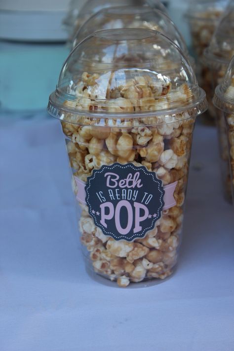 Ready to Pop baby shower homemade caramel popcorn favor with custom designed sticker by www.gt3creative.com from my baby shower. About To Pop Popcorn Favors, Baby Shower Popcorn Favors, Homemade Baby Shower Favors, Baby Shower Giveaways, Popcorn Baby Shower Favors, Dessert Table Graduation, Homemade Caramel Popcorn, Popcorn Theme, Popcorn Favor