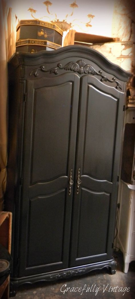 black+armoires | Classic Black Armoire Black Armoire In Bedroom, Armoire In Bedroom, Armoire In Living Room, Black Armoire, Living Room Black, Bedroom Armoire, Room Black, My Future, Basement Ideas