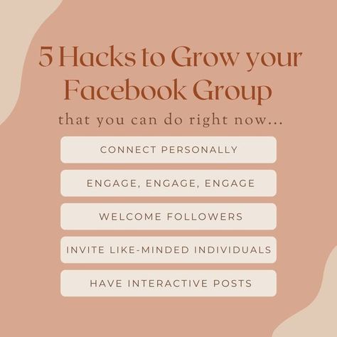 Macie | Social Media Mentor & Business Assistant on Instagram: "Time to Grow your Facebook Group ⬆ Here are 5 Hacks you can do RIGHT NOW to grow your Facebook Group: 1. Connect Personally 2. Engage! 3. Welcome New Members 4. Invite Like-Minded People 5. Have Interactive Posts Time to Grow! #facebook #facebookmarketing #facebookgroup #socialmediamentor #socialmediamanager #socialmediahelp #socialmediatips #socialmedia #tips #help #wellness #engagement #entrepreneur #followtrain #mediacoach #s Welcome New Members, Social Media Help, Interactive Posts, Group 1, Instagram Time, Facebook Marketing, Facebook Group, Social Media Tips, Social Media Manager