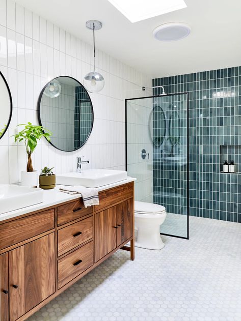 Bathroom Ceramic Tile Ideas Modern, Bathroom Tile Mid Century Modern, Coordinating Tile Bathroom, Fun Bathrooms Ideas, Bathroom Vanity With Two Sinks, Master Bath Tile Accent Wall, Dual Walk In Shower Ideas, Bathroom Tile Schemes, Mid Century Tile Bathroom