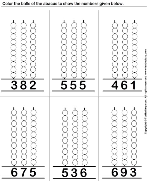 Download and print Turtle Diary's Color the Balls to Represent the Number on Abacus worksheet. Our large collection of math worksheets are a great study tool for all ages. Abacus Worksheet, Abacus Math, Preschool Prep, Three Digit Numbers, Math Charts, Math Place Value, Counting Worksheets, Preschool Math Worksheets, Worksheet For Kids