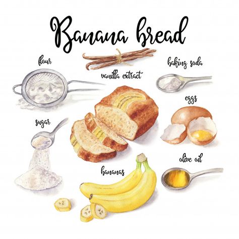 Watercolor Recipe, Recipe Illustration, Cottagecore Recipes, Homemade Cookbook, Recipe Drawing, Food Doodles, Watercolor Food, Make Banana Bread, Recipe Binder