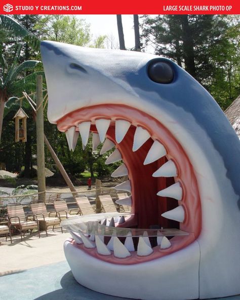 This photo shows a large-scale shark photo op that can be found within a resort, theme park, entertainment center and more. This space is unique and fun for families of all sizes and ages. This custom theming can also be applied to entertainment centers, theatres, zoos and more. Homecoming Floats, Shark Photos, Amazing Bedroom Designs, Building Interior, Mall Decor, Working In Retail, In The Zoo, Parade Float, Cardboard Art