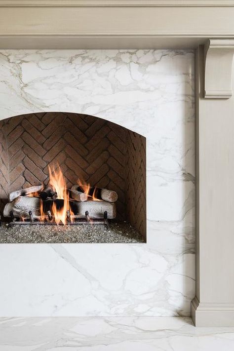 Taupe Fireplace Mantel with Marble Surround - Transitional - Living Room White Fireplace Mantels, Marble Hearth, Transitional Fireplace, Pure Salt Interiors, Gorgeous Fireplaces, Built In Dresser, Marble Fireplace Surround, Pure Salt, Apartment Decoration