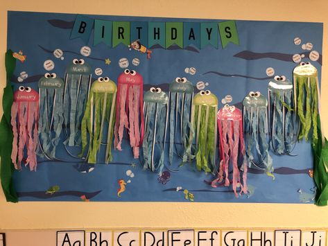 Ocean Birthday Bulletin Board, Under The Sea Birthday Board Classroom, Fish Decorations For Classroom, Birthday Wall For Classroom, Birthday Wall Ideas For Classroom, Jellyfish Room, Birthday Corner, Ocean Classroom Decor, Preschool Birthday