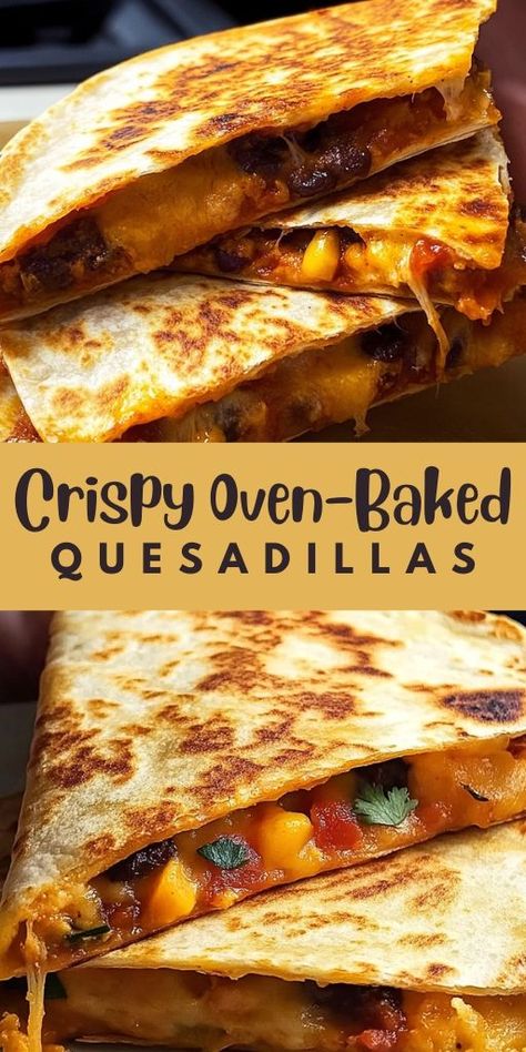 Crispy Oven-Baked Quesadillas Ingredients: 8 large flour tortillas 2 cups shredded cheese (cheddar, mozzarella, or a blend) 1/2 cup cooked chicken (optional) 1/4 cup chopped onions 1/4 cup chopped bell peppers 1/4 cup sour cream (optional) 2 tablespoons olive oil Salt and pepper to taste #Crispy #OvenBaked #Quesadillas Quesadilla In Oven, Baked Quesadilla, Chicken Quesadillas Easy, Quesadilla Recipes Easy, Fast Easy Dinner, Chicken Quesadilla Recipe, Cheese Cheddar, Baked Cheese, Easy Oven