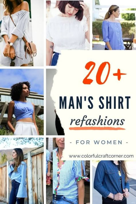 The best men's shirts refashion ideas (for women) - Colorful Craft Corner Mens Shirt Diy Upcycle, Upcycle Men's Shirt For Women, Turning Mens Shirts Into Womens Shirt, Recycle Button Up Shirt Ideas, Mens Dress Shirts Outfit For Women, Men's Shirt Refashion Diy, Repurpose Mens Dress Shirt, Men’s Button Up Shirt As Dress, Upcycle Mens Dress Shirt For Women Diy