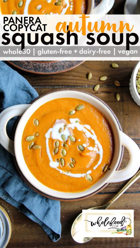 Copycat Panera Whole30 Autumn Squash Soup - Gluten-free, dairy-free, paleo, egg-free, nut-free, vegan and plant-based. Slow cooker, Instant Pot, or stove! Panera Squash Soup, Autumn Squash Soup, Panera Autumn Squash Soup, Autumn Squash, Vegan Instant Pot, Copycat Panera, Squash Vegetable, Specific Carbohydrate Diet, Whole30 Recipes