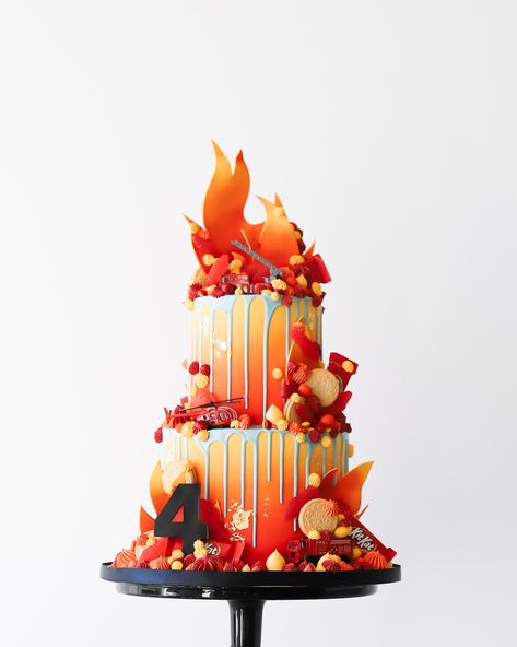 Fireball Cake Design, Fire Fighter Birthday Theme Cake, Fire Department Cake, Fire Cake Design, Fire Birthday Cake, Fire Themed Cake, Fire And Ice Cake, Fireball Cake, Fire Cake Ideas