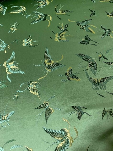 Chinese Prints Fabric, Embroidered Silk Fabric, Aesthetic Fabric Prints, Embroidery On Green Fabric, Fey King, Unique Fabric Prints, Dragon Fabric, Sewing Aesthetic, Green Fabrics