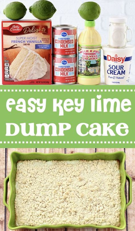 Key Lime Pie Dump Cake Recipe Lime Dump Cake, Cake Mix Dump Cake, Easy Key Lime Cake, Key Lime Dump Cake, Key Lime Pie Filling, Lime Dessert Recipes, Key Lime Recipes, Easy Dump Cake Recipe, Key Lime Desserts