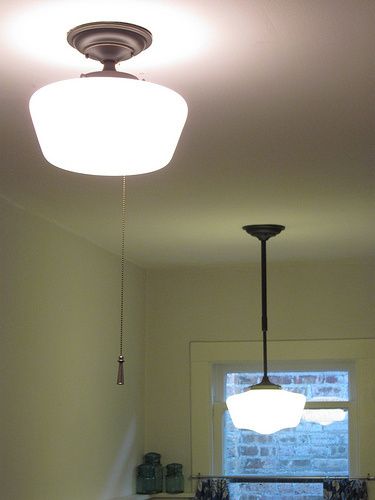 Adding a pull string to a light fixture where there is no wall switch. Lighting Fixtures Entryway, Bathroom Attic, Pull Chain Light Fixture, Farmhouse Lighting Fixtures, Farmhouse Office Decor, Ship Lap, Diy Light Fixtures, White Light Fixture, Farmhouse Office