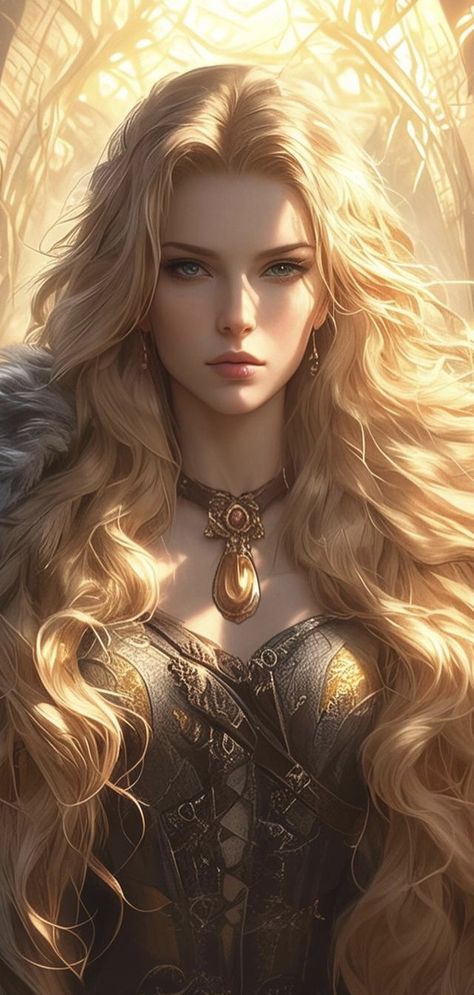 Blonde Goddess Art, Blond Warrior Woman, Valkyrie Character Art, Blonde Princess Art, Blonde Warrior Woman, Freya Goddess Art, Warrior Female Art, Female Warrior Character Design, Woman With Horns