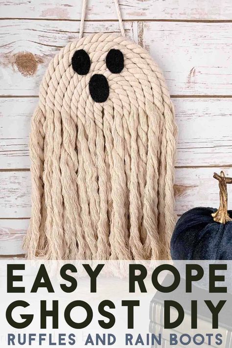 This rope ghost can be made with Dollar Tree rope and some cardboard in only 20 minutes. A macrame ghost makes a cute Halloween wall hanging or DIY Halloween decor for all ages. The step by step rope ghost video tutorial from Sarah at Ruffles and Rain Boots is easy to follow! Halloween Easy Diy, Macrame Ghost, Easy Diy Decorations, How To Make Ghosts, Ghost Video, Diy Ghost Decoration, Ghost For Halloween, Tree Rope, Ghost Crafts