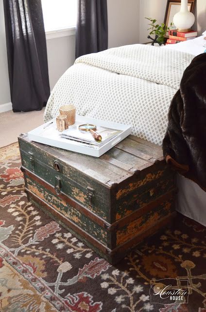 The Houston House: House Tour Chest At The End Of Bed, Chest In Front Of Bed, Trunk At End Of Bed, End Of Bed Chest, Trunk In Bedroom, Chest End Of Bed, Antique Trunk Decor, Bed Trunk, Cozy Guest Rooms