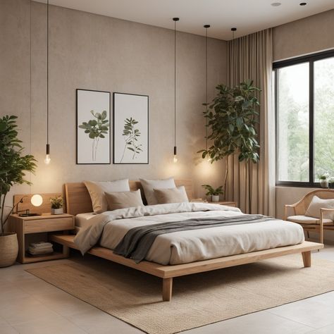 Japandi Small Apartment Bedroom, Natural Coloured Bedroom, Spare Bedroom Design Ideas, Japandi Inspired Bedroom, Bedroom Mediterranean Style, Warm Bedroom Ideas Colour Schemes, Tropical Interior Design Bedroom, Wood Wall Room, Big Bedroom Design