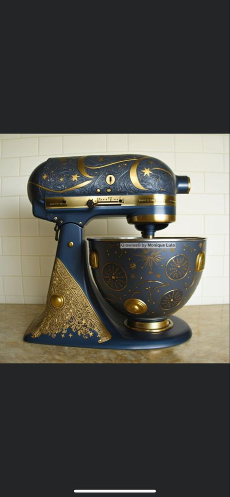 Whimsical gold moon star celestial dark blue night sky kitchen aid witchy goth dream Fairytale Kitchen Aesthetic, Cottage Goth Kitchen, Witchy Home Furniture, Fantasy Kitchen Decor, Vintage Gothic Kitchen, Whimsical Goth Bathroom, Bohemian Gothic Decor Kitchen, Odd Home Decor, Ravenclaw Kitchen