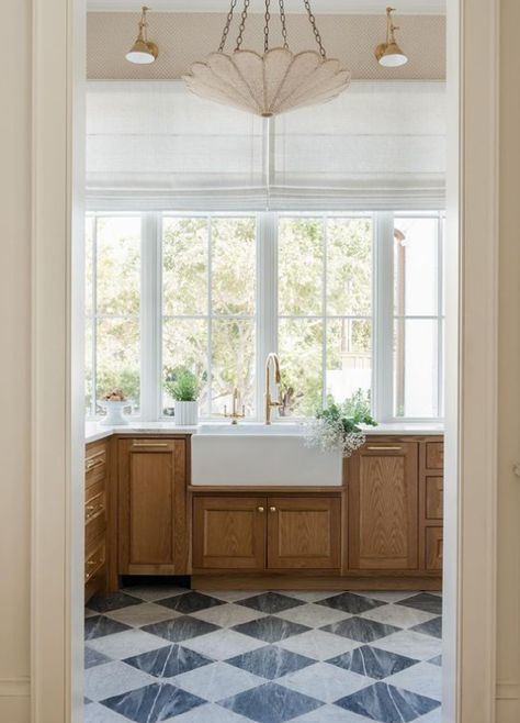 Light filled prep area with farm sink and checkered floor - Kate Marker Interiors. Nancy Meyers Movies, Checkered Floor, Kate Marker Interiors, Brown Kitchen Cabinets, Nancy Meyers, Brown Kitchens, Fixer Upper Style, Farmhouse Sink, Interior Projects