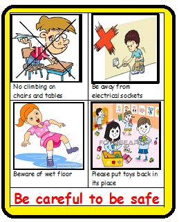 This poster is made by me to display in my class  to remind my children about classroom safety. Rules that are mutually decided to be followed in the class. Be careful with electrical sockets, wet floor and scattered toys. Safety Rules At School Pictures, Book Review Project Ideas, Kids Safety Poster, Endangered Animals Lessons, Safety Rules At Home, Safety Rules At School, Classroom Safety, Magnesium And Vitamin D, Safety Signs And Symbols