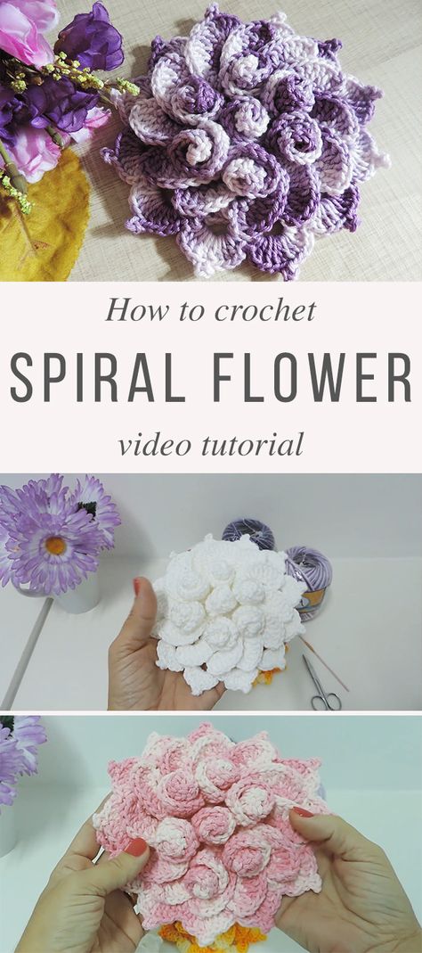 Learn Making Spring Flower Crochet | CrochetBeja Crochet Spiral, Flower Crochet Pattern, Crochet Flower Squares, Spiral Flower, Crochet Puff Flower, Spiral Crochet, Crochet Plant, Form Crochet, Flower Video