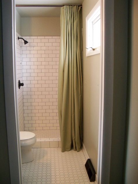 floor to ceiling shower curtain instead of hard to clean shower door Small Shower With Curtain, Floor To Ceiling Shower Curtain, Ceiling Shower Curtain, Small Shower Stalls, Clean Shower Doors, Stall Shower Curtain, Master Bath Remodel, Floor To Ceiling, Bathroom Redo